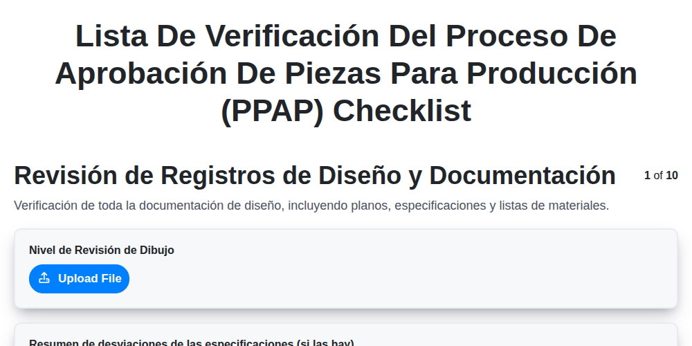 Lista de verificación del Proceso de Aprobación de Piezas para Producción (PPAP)
 screenshot