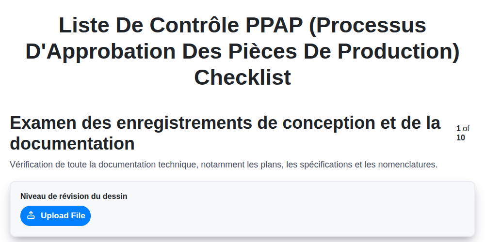 Liste de contrôle PPAP (Processus d'Approbation des Pièces de Production)
 screenshot
