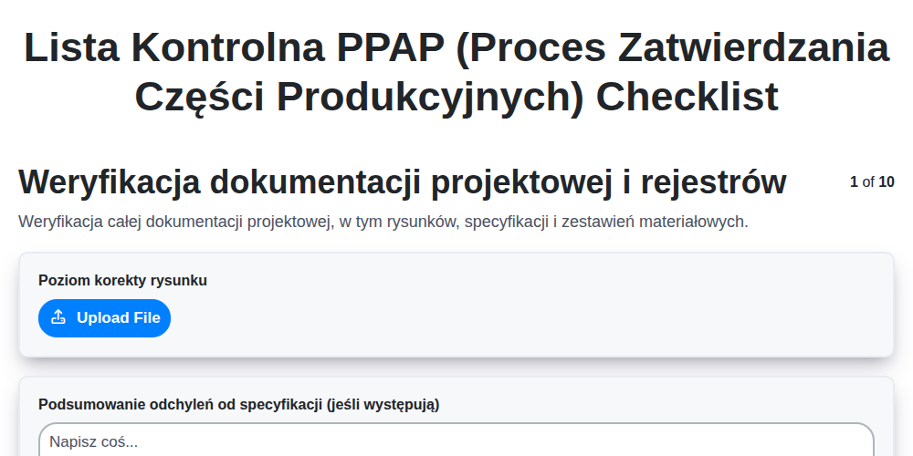 Lista kontrolna PPAP (Proces zatwierdzania części produkcyjnych)
 screenshot