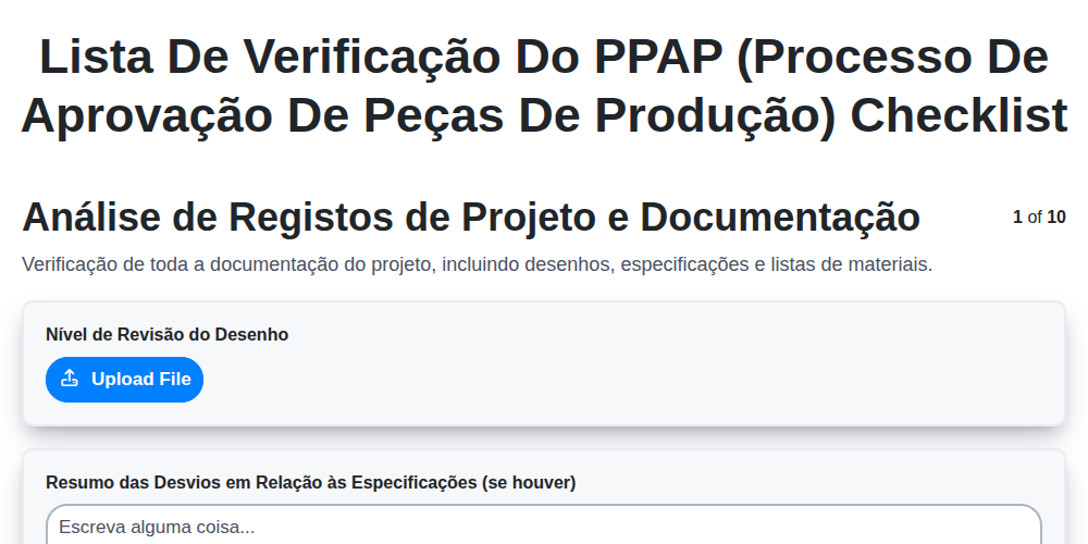 Lista de verificação do PPAP (Processo de Aprovação de Peças de Produção) screenshot