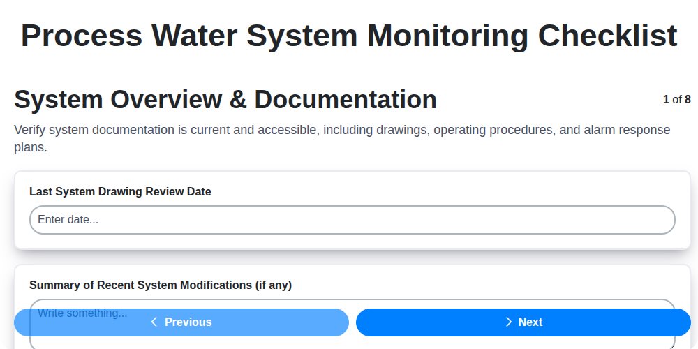 process water system monitoring checklist screenshot