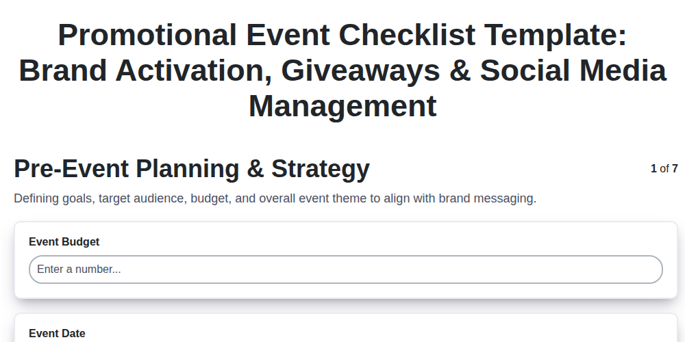 promotional event checklist template brand activation giveaways social media management screenshot