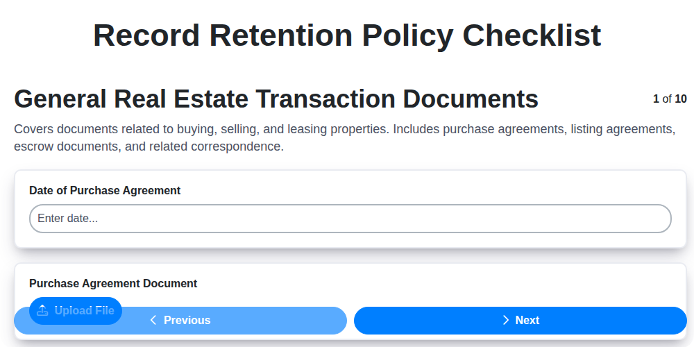 record retention policy checklist screenshot