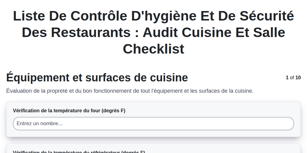 Liste de contrôle d'hygiène et de sécurité des restaurants : Audit Cuisine et Salle