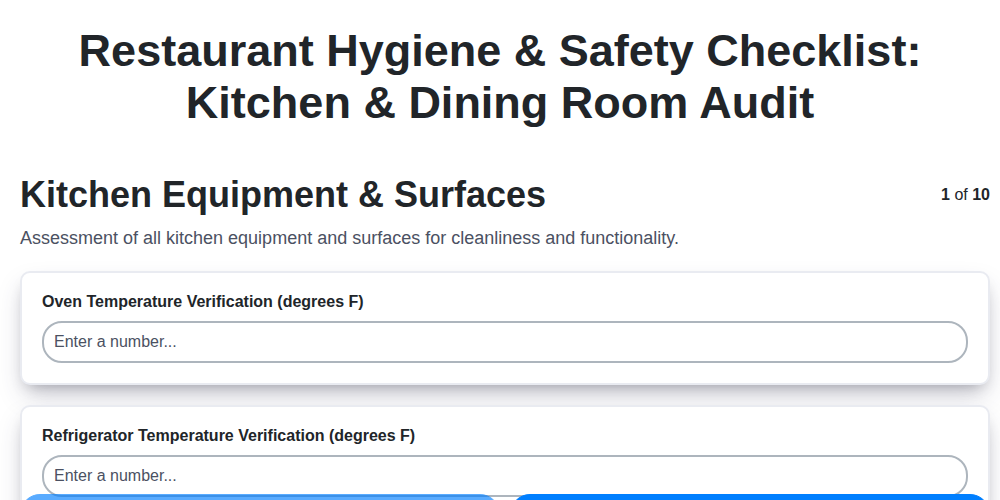 restaurant hygiene safety checklist kitchen dining room audit screenshot