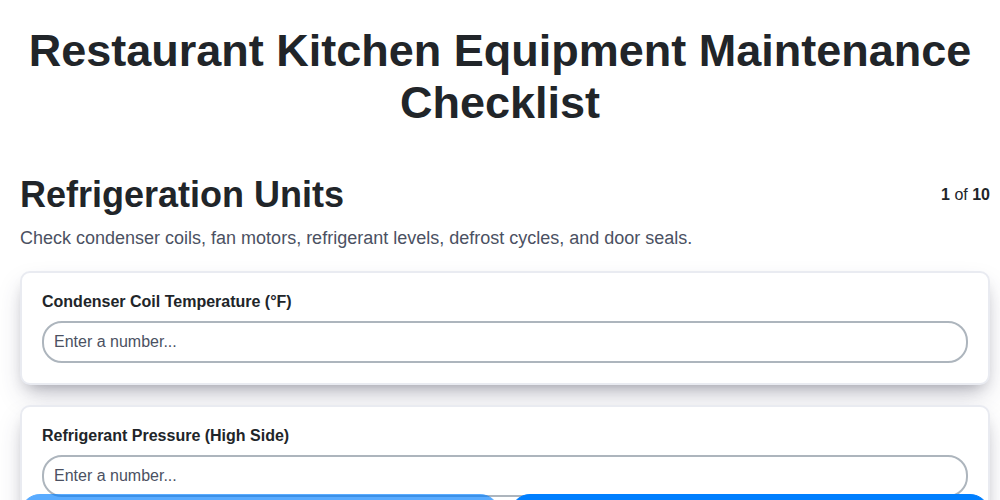 restaurant kitchen equipment maintenance checklist screenshot