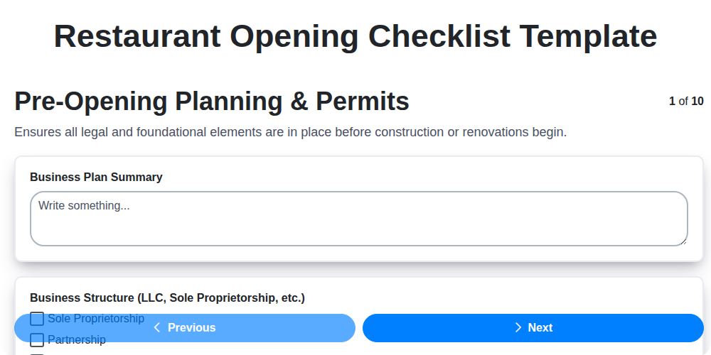 restaurant opening checklist template screenshot