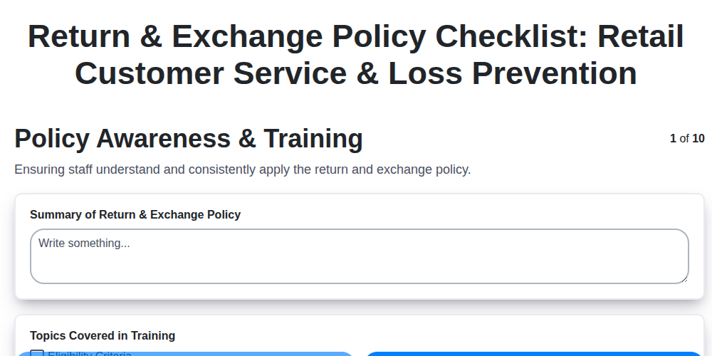 return exchange policy checklist retail customer service loss prevention screenshot