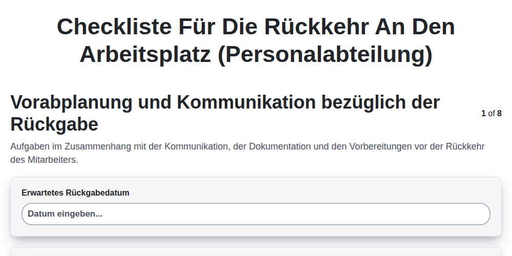 Checkliste für die Rückkehr an den Arbeitsplatz (Personalabteilung) screenshot