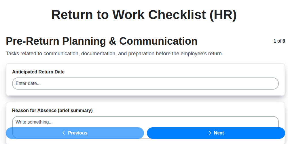 return to work checklist hr screenshot