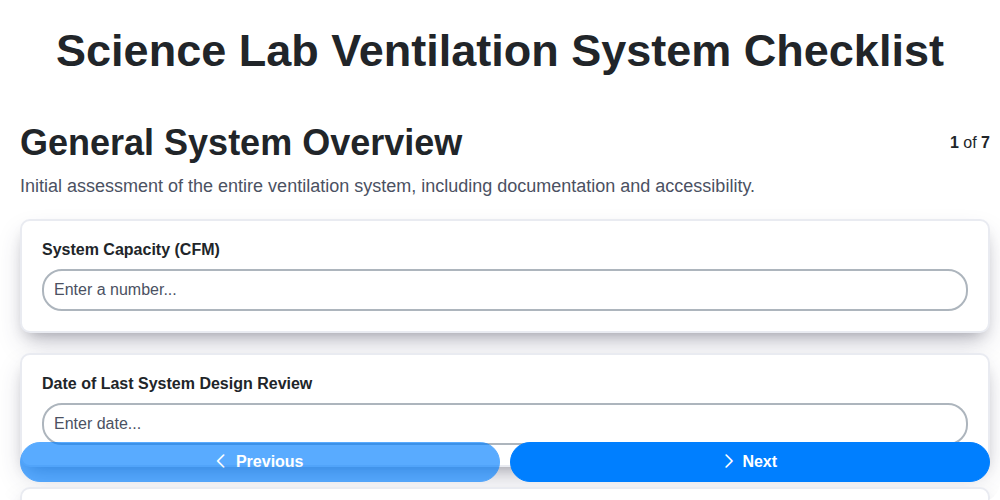 science lab ventilation system checklist screenshot