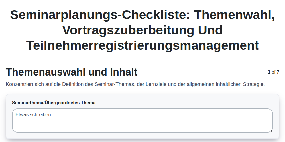 Seminarplanungs-Checkliste: Themenwahl, Vortragszuberbeitung und Teilnehmerregistrierungsmanagement screenshot