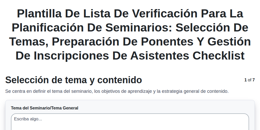 Plantilla de lista de verificación para la planificación de seminarios: Selección de temas, preparación de ponentes y gestión de inscripciones de asistentes screenshot