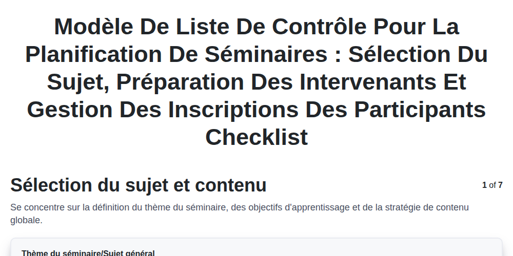 Modèle de liste de contrôle pour la planification de séminaires : Sélection du sujet, préparation des intervenants et gestion des inscriptions des participants screenshot
