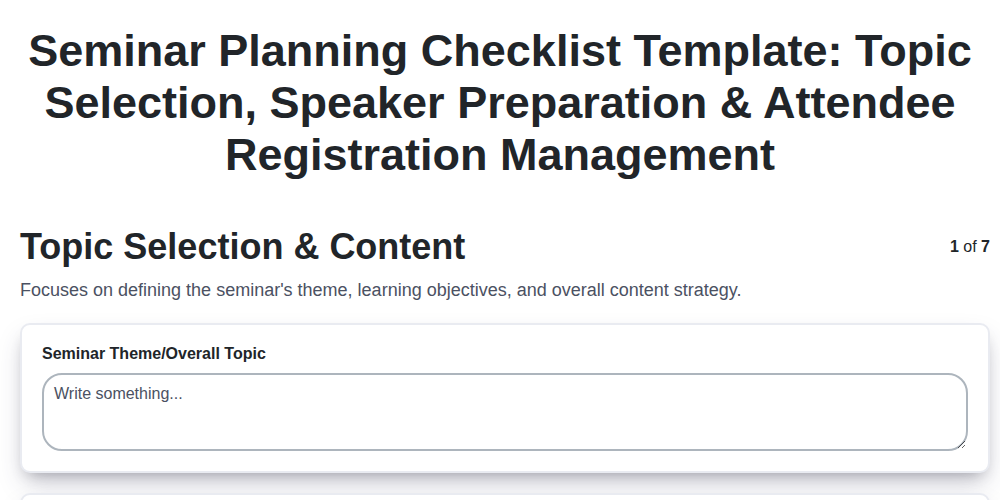 seminar planning checklist template topic selection speaker preparation attendee registration management screenshot