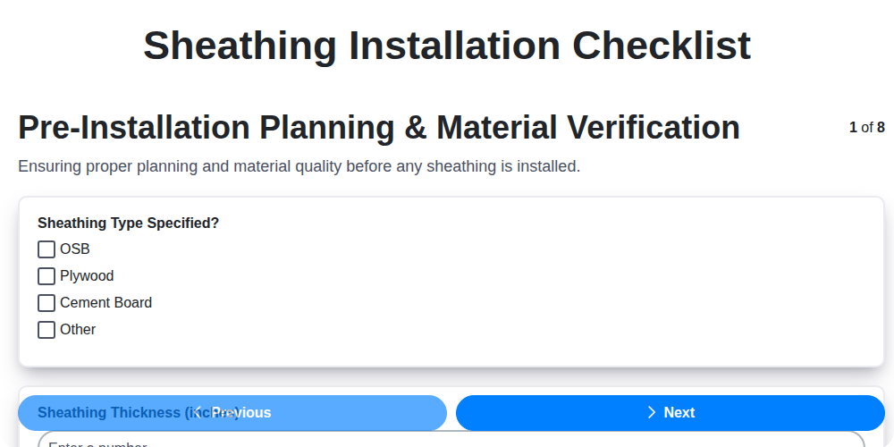 sheathing installation checklist screenshot