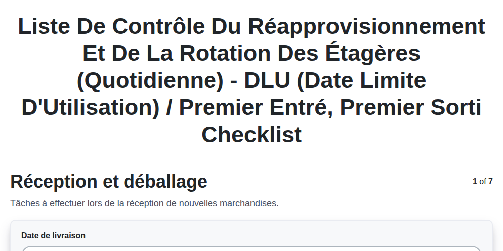 Liste de contrôle du réapprovisionnement et de la rotation des étagères (quotidienne) - DLU (Date Limite d'Utilisation) / Premier entré, premier sorti screenshot