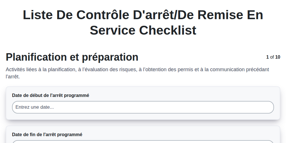 Liste de contrôle d'arrêt/de remise en service screenshot