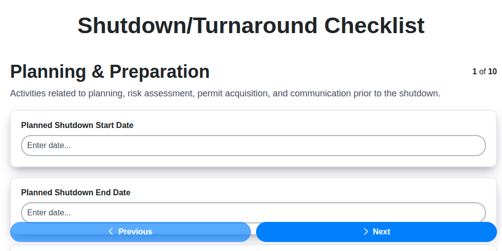 shutdown turnaround checklist screenshot
