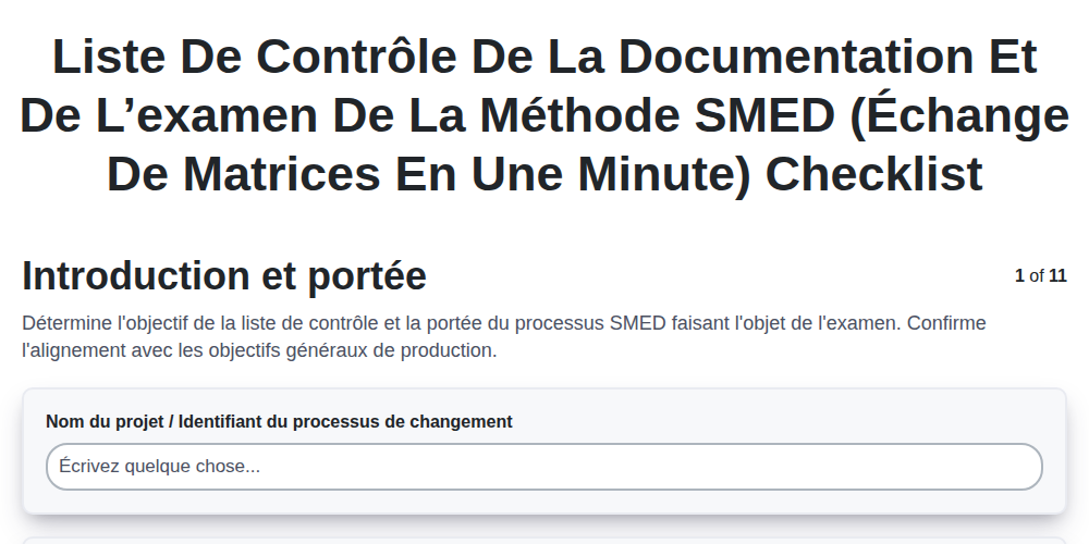 Liste de contrôle de la documentation et de l’examen de la méthode SMED (Échange de matrices en une minute)