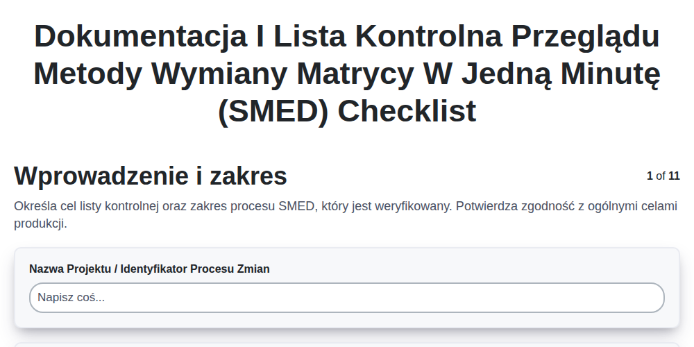 Dokumentacja i lista kontrolna przeglądu Metody wymiany matrycy w jedną minutę (SMED)
