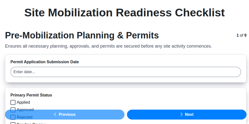 site mobilization readiness checklist screenshot