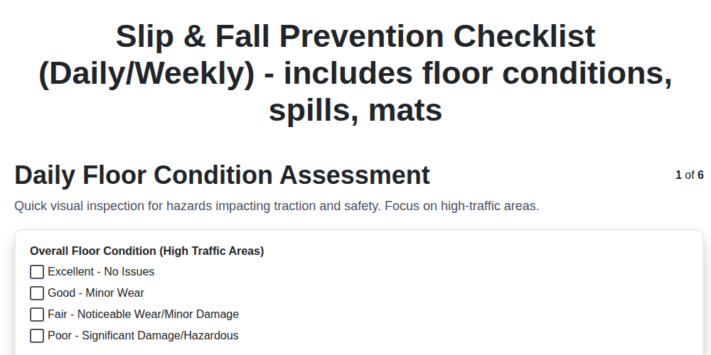 slip fall prevention checklist daily weekly includes floor conditions spills mats screenshot