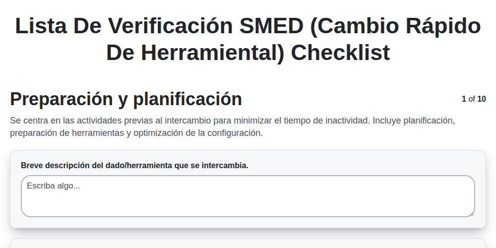 Lista de verificación SMED (Cambio Rápido de Herramiental)
