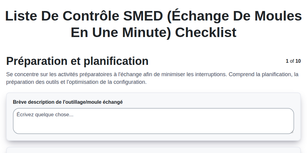 Liste de contrôle SMED (Échange de moules en une minute)
