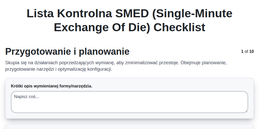 Lista kontrolna SMED (Single-Minute Exchange of Die)
