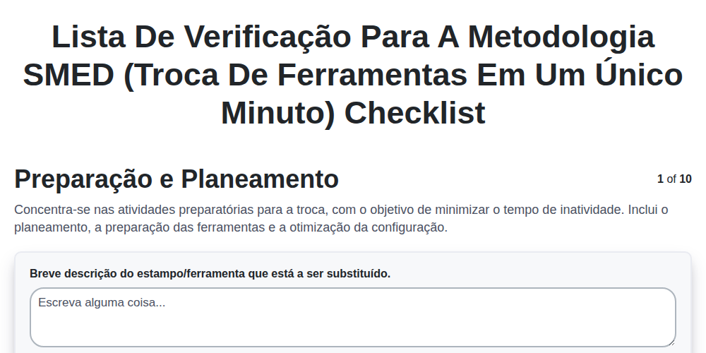 Lista de verificação para a metodologia SMED (troca de ferramentas em um único minuto) screenshot