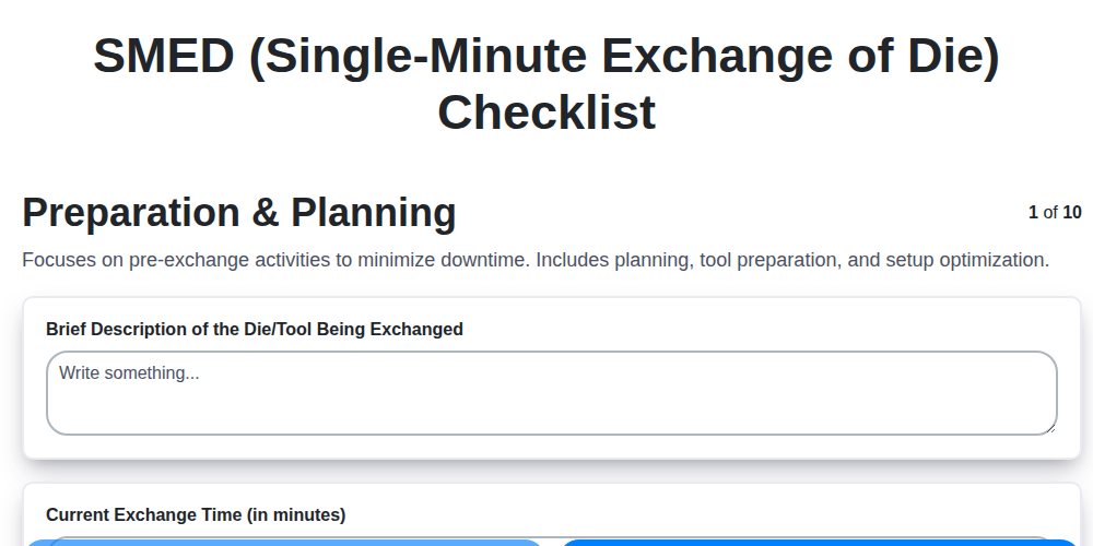 smed single minute exchange of die checklist screenshot