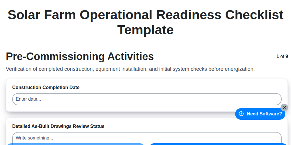 solar farm operational readiness checklist template screenshot