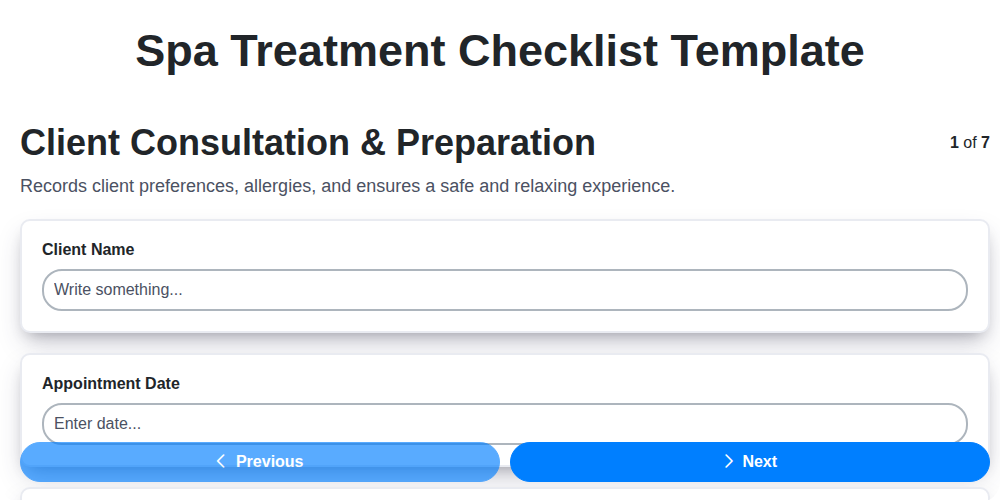 spa treatment checklist template screenshot