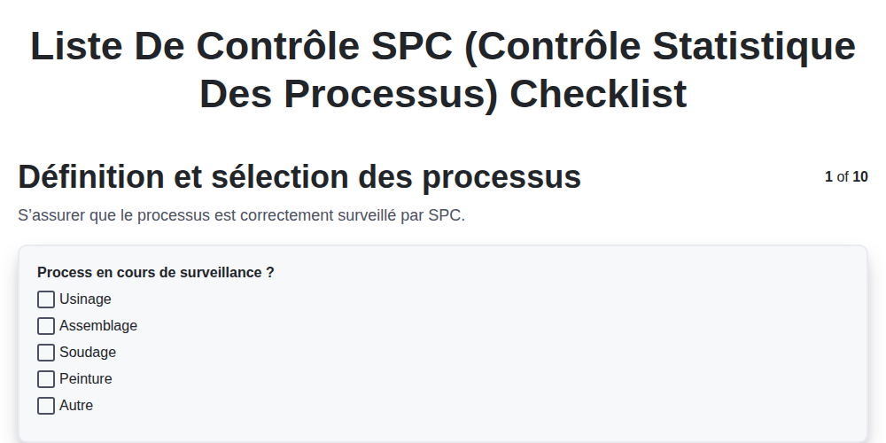 Liste de contrôle SPC (Contrôle Statistique des Processus)
