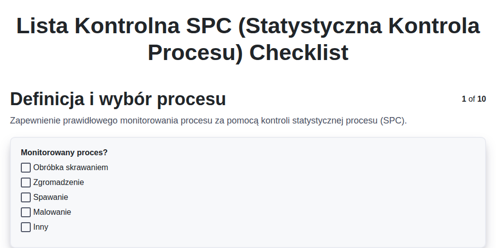 Lista kontrolna SPC (Statystyczna Kontrola Procesu)
