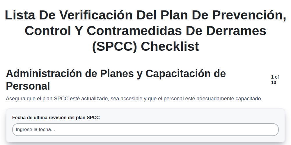 Lista de verificación del Plan de Prevención, Control y Contramedidas de Derrames (SPCC) screenshot