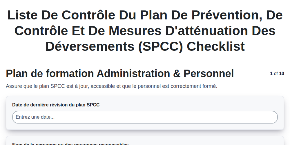 Liste de contrôle du plan de prévention, de contrôle et de mesures d'atténuation des déversements (SPCC) screenshot