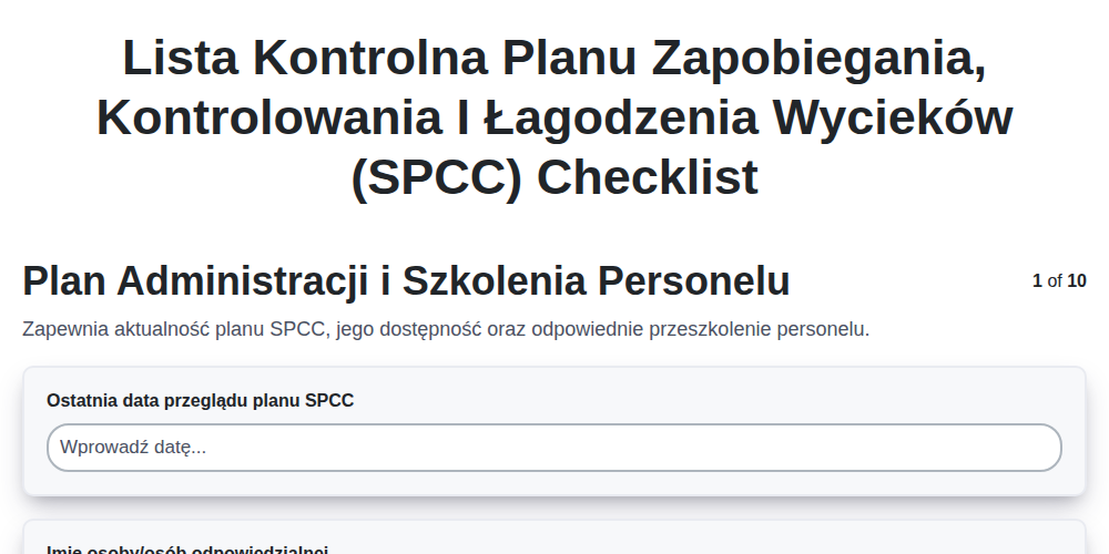 Lista kontrolna planu zapobiegania, kontrolowania i łagodzenia wycieków (SPCC) screenshot