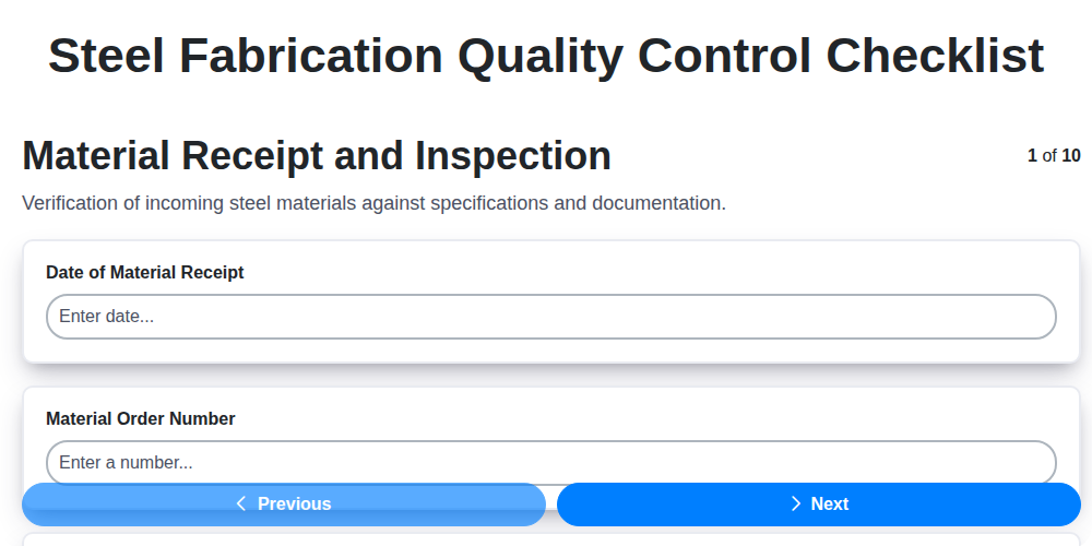 steel fabrication quality control checklist screenshot