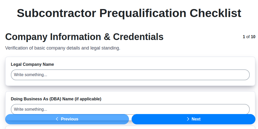 subcontractor prequalification checklist screenshot