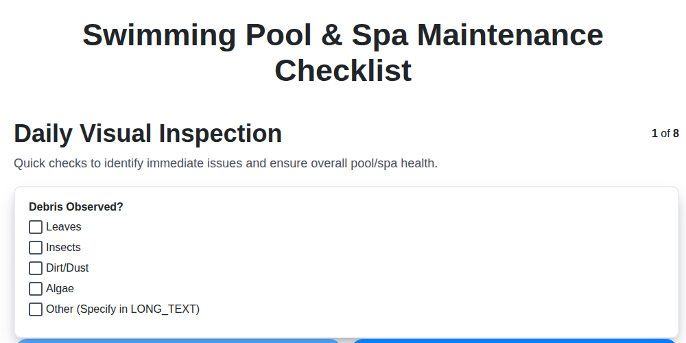 swimming pool spa maintenance checklist screenshot