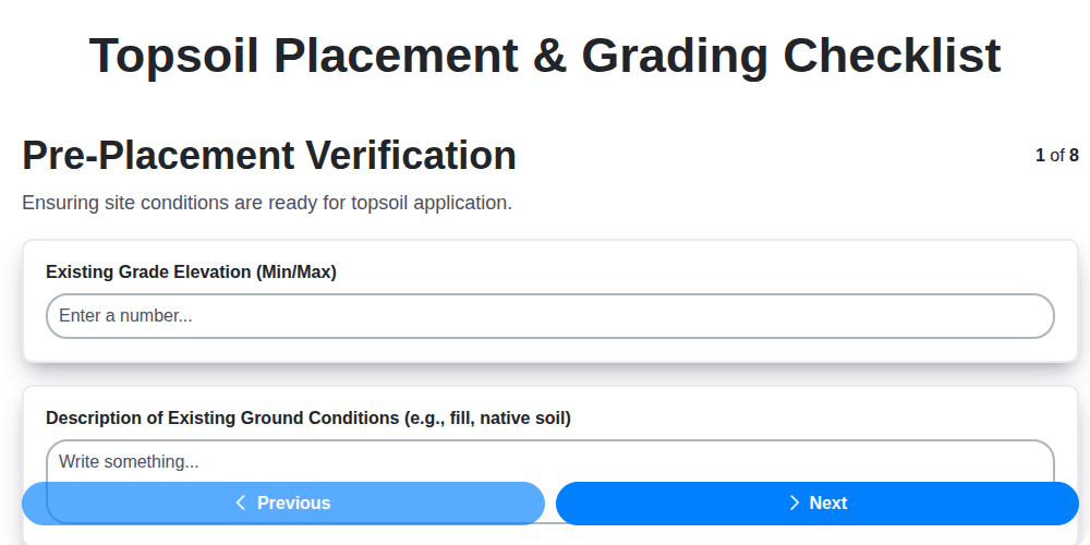 topsoil placement grading checklist screenshot