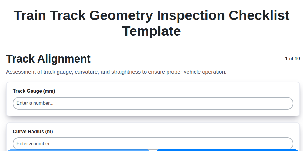 train track geometry inspection checklist template screenshot