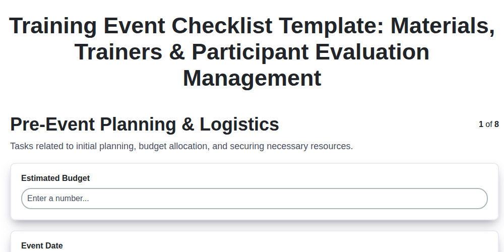 training event checklist template materials trainers participant evaluation management screenshot