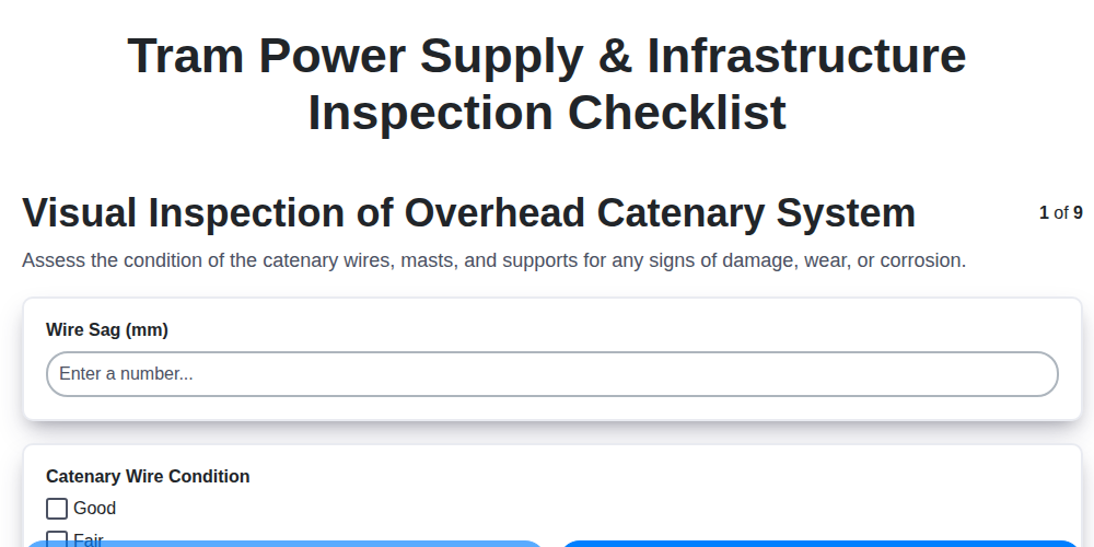 tram power supply infrastructure inspection checklist screenshot