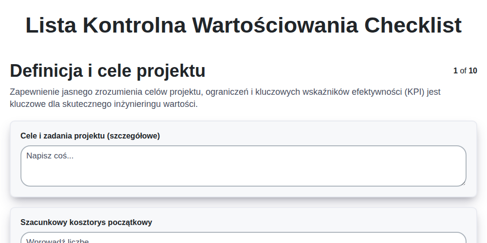 Lista kontrolna wartościowania screenshot