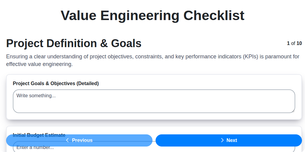 value engineering checklist screenshot