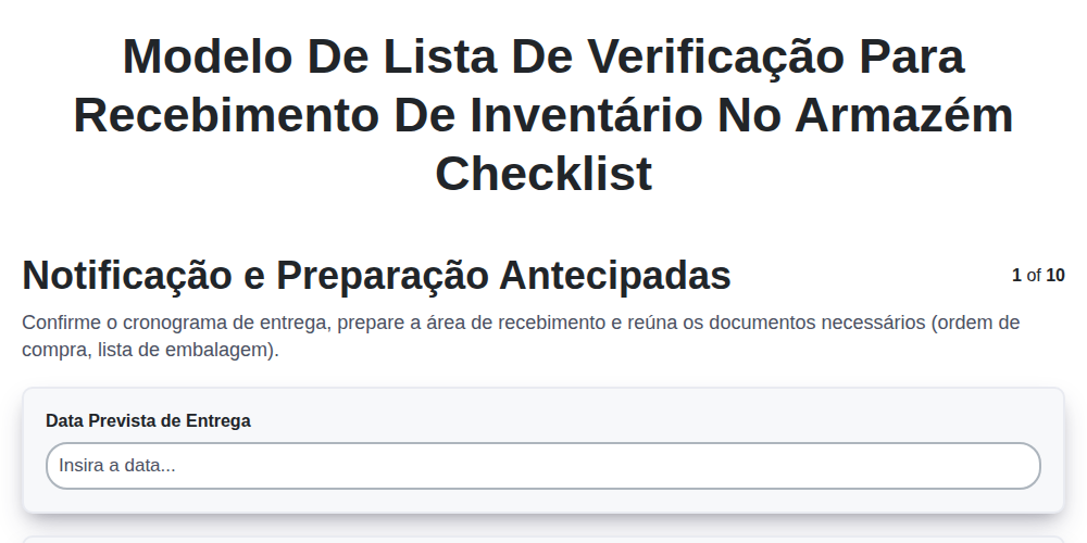 Modelo de Lista de Verificação para Recebimento de Inventário no Armazém screenshot