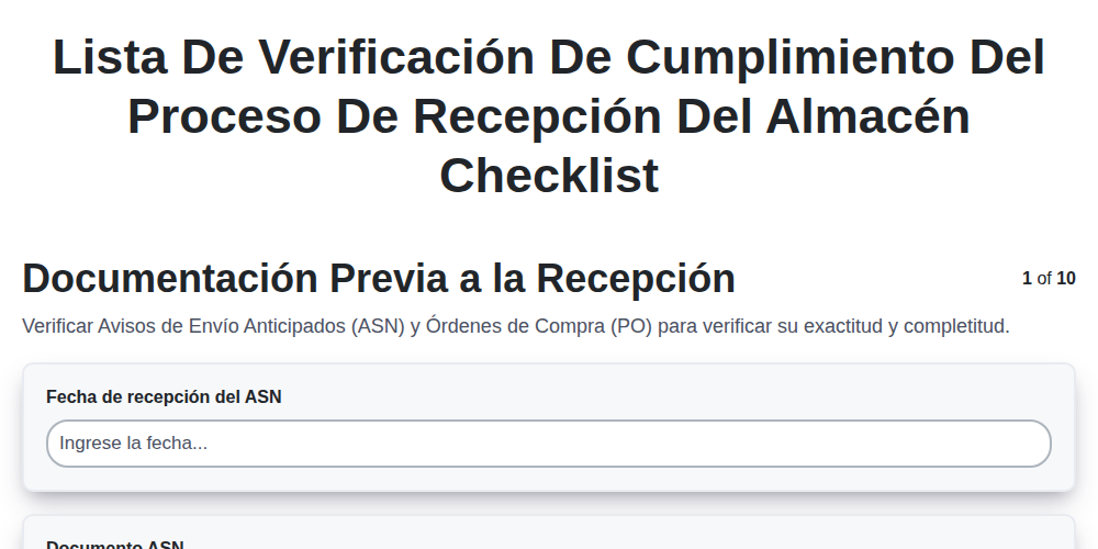 Lista de verificación de cumplimiento del proceso de recepción del almacén screenshot